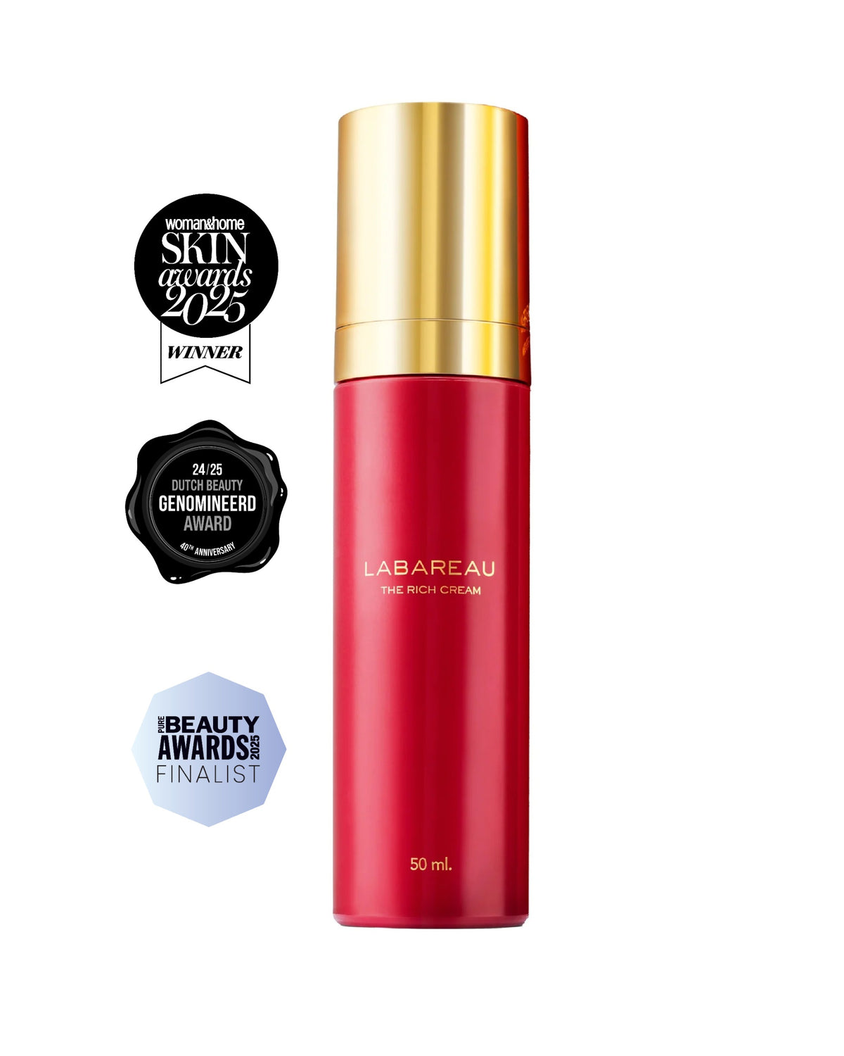 The Rich Cream 50 ml met de awards: woman&home Skin Awards 2025 Winner, Dutch Beauty Award 24/25 Genomineerd, Pure Beauty Awards 2025 Finalist